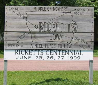 Town sign for Ricketts, Iowa
